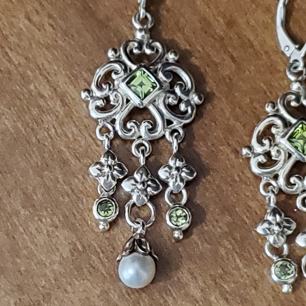 Sterling Silver Chandelier Earrings with Peridots and Pearls - Picture 8 of 16